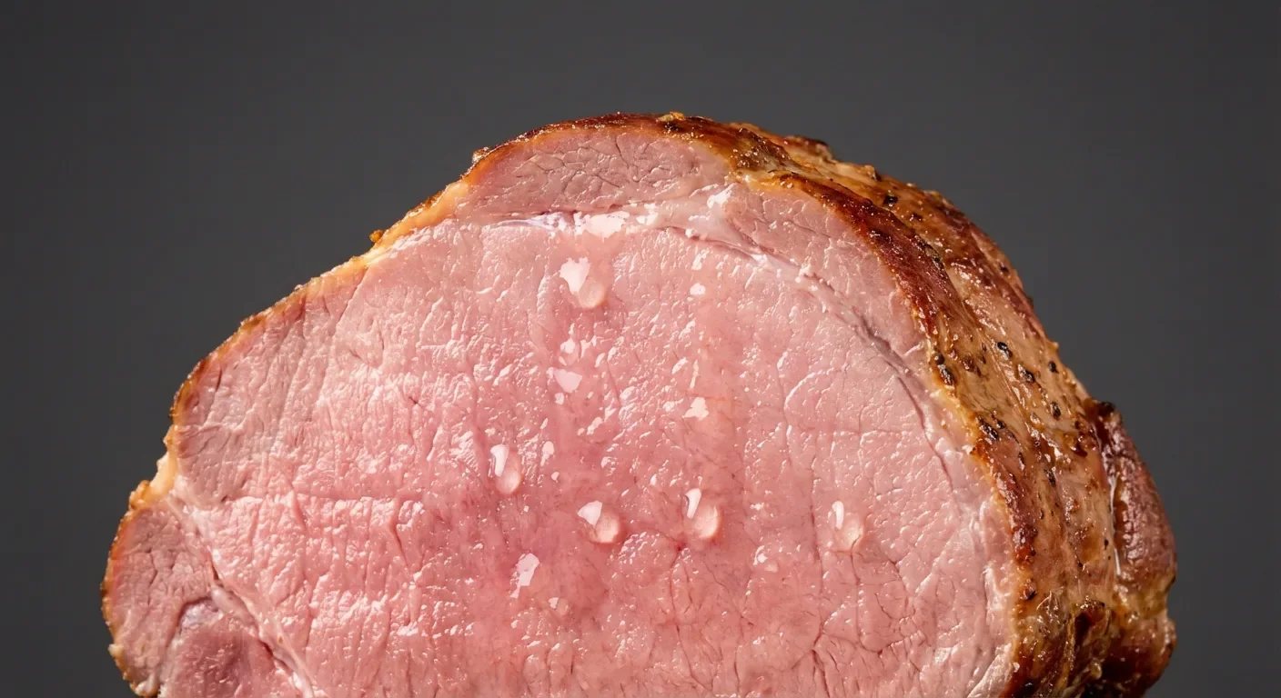 Temps de cuisson rôti de porc saumuré au four Tranche juteuse de porc demi-sel montrant la texture tendre de la viande