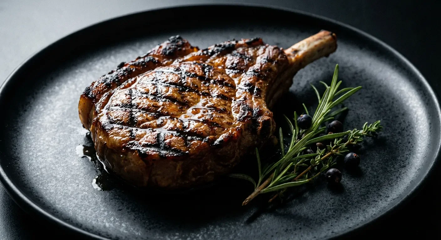 Quel temps de cuisson sanglier au barbecue prévoir ? Côtelette de sanglier grillée avec marques de marquage nettes sur fond sombre