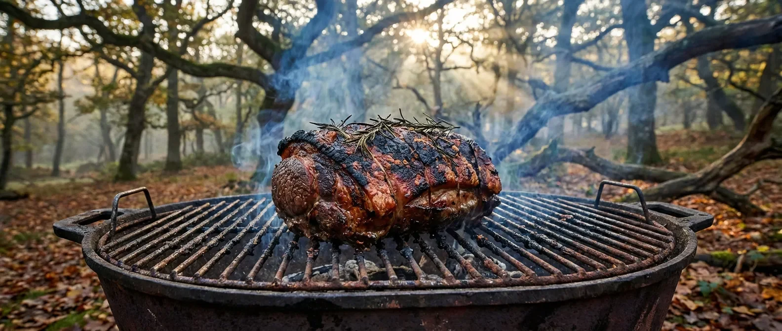 Rôti de sanglier grillant sur un barbecue traditionnel dans une forêt brumeuse à l'automne